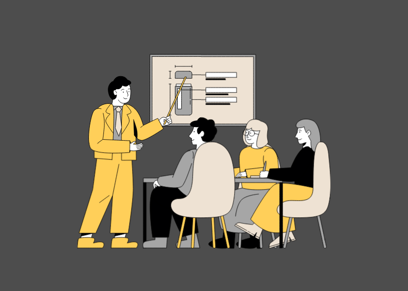 facilitator leading a meeting with three participants round a table